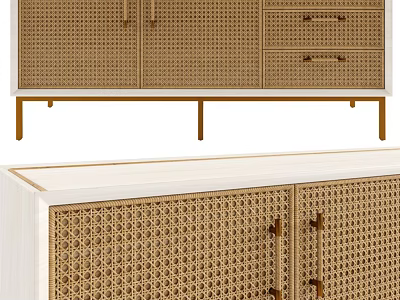 Modern Console Side Cabinet With Rattan Doors Gold Metal Legs And White Top Surface 3d model