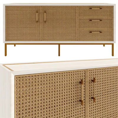 Modern Console Side Cabinet With Rattan Doors Gold Metal Legs And White Top Surface 3d model