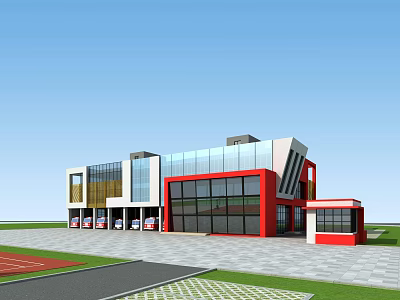 Modern Fire Station Building With Glass Facade Red White Design And Front Plaza 3d model