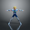 3D Animated Game Movie Character With Blonde Hair Blue Silver Costume And Arms Outstretched