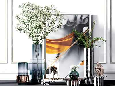 Modern Decorative Ornament Combination With Glass Vases Green Plants Framed Art And Metallic Accents 3d model