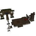 Cartoon Scenic Design of Traditional Chinese Ancient Pavilion Wooden Archway and Stage with Decorative Props