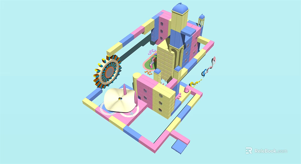 Colorful Cartoon Playground Scene With Castle Structure Slide And Spinning Wheel 3d model 