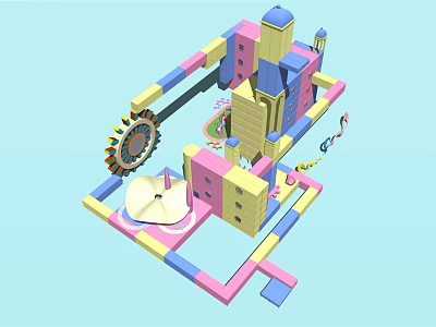 Colorful Cartoon Playground Scene With Castle Structure Slide And Spinning Wheel 3d model