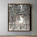 Traditional Chinese Landscape Painting With Pine Trees Distant Mountains Courtyard Gate and Two People