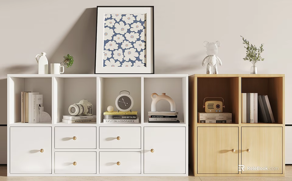 White and Light Wood Bookcase with Books Camera Clock Radio Decorative Items and Wall Art 3d model 