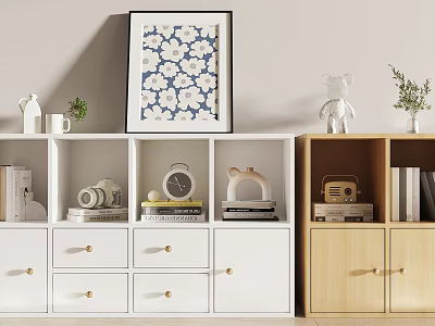 White and Light Wood Bookcase with Books Camera Clock Radio Decorative Items and Wall Art 3d model