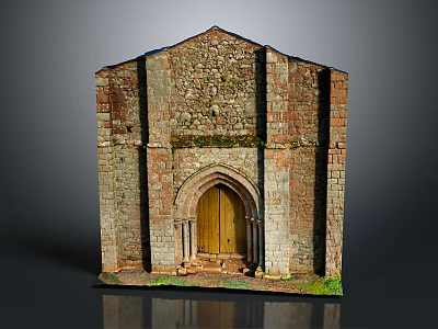 Historic Stone Building Exterior With Arched Wooden Door And Moss Covered Walls 3d model