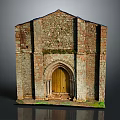 Historic Stone Building Exterior With Arched Wooden Door And Moss Covered Walls