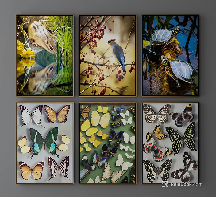 Vibrant Animal Paintings Featuring Deer Bird Turtles And Butterflies With Natural Elements 3d model 