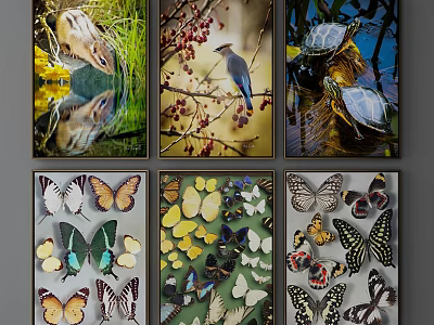 Vibrant Animal Paintings Featuring Deer Bird Turtles And Butterflies With Natural Elements 3d model