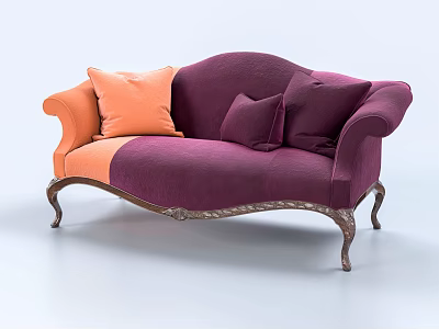 Multi Person Purple And Orange Sofa With Plush Cushions And Vintage Carved Legs 3d model