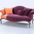 Multi Person Purple And Orange Sofa With Plush Cushions And Vintage Carved Legs