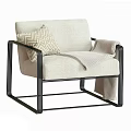 Modern Accent Chair with Black Metal Frame Light Beige Fabric and Geometric Pillow Throw Blanket