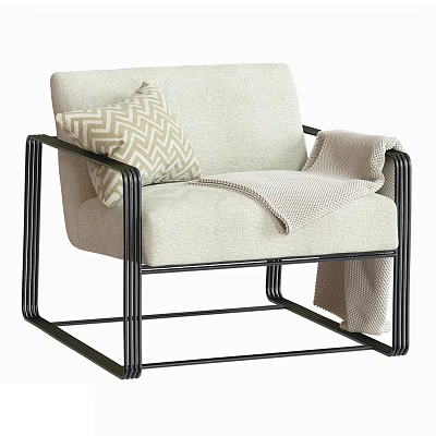 Modern Accent Chair with Black Metal Frame Light Beige Fabric and Geometric Pillow Throw Blanket 3d model