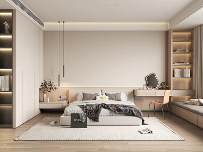 Modern Bedroom Interior With Bed Nightstand Dresser Chair And Wooden Shelves 3d model