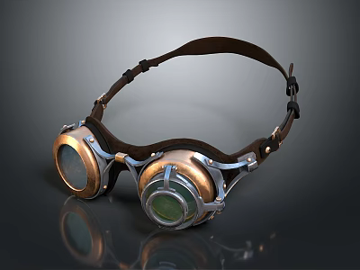 Steampunk Style Leather Goggles With Copper Frames And Green Lenses 3d model