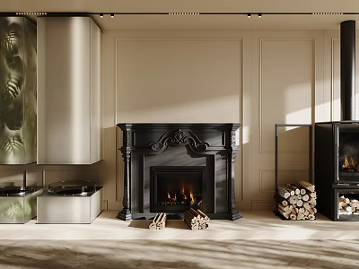 Ornate Black Fireplace With Burning Fire And Stacked Wood Logs In Beige Paneled Living Room 3d model