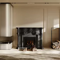 Ornate Black Fireplace With Burning Fire And Stacked Wood Logs In Beige Paneled Living Room