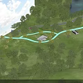 Aerial View Planning of Lush Greenery and Lake with Residential Buildings and Winding Paths