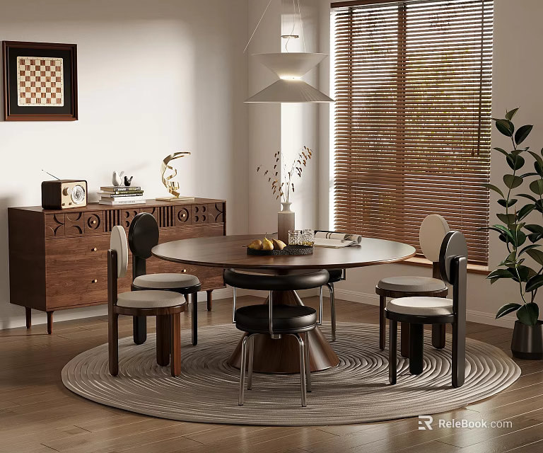 Cozy Dining Room With Round Table Chairs Wooden Cabinet Blinds And Pendant Light 3d model 