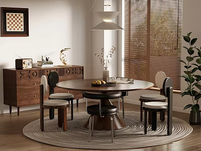 Cozy Dining Room With Round Table Chairs Wooden Cabinet Blinds And Pendant Light 3d model