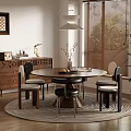 Cozy Dining Room With Round Table Chairs Wooden Cabinet Blinds And Pendant Light