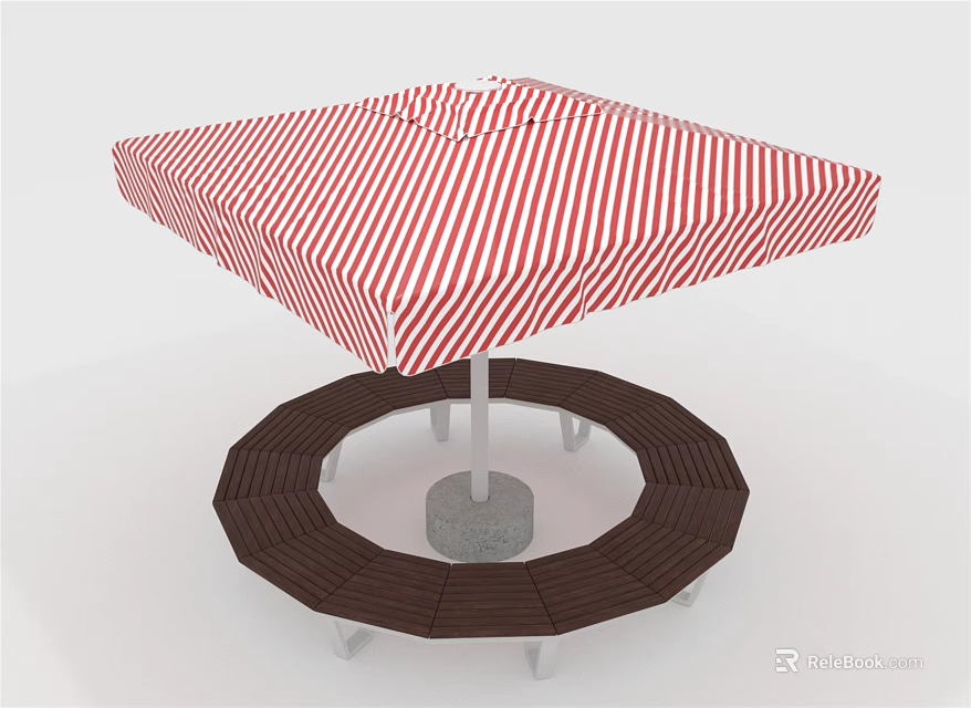 Outdoor Furniture With Red And White Striped Umbrella And Round Brown Bench 3d model 