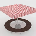 Outdoor Furniture With Red And White Striped Umbrella And Round Brown Bench