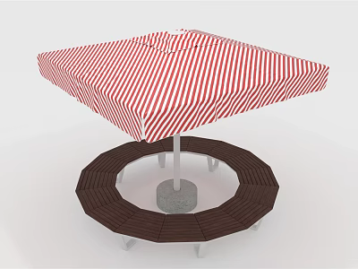 Outdoor Furniture With Red And White Striped Umbrella And Round Brown Bench 3d model