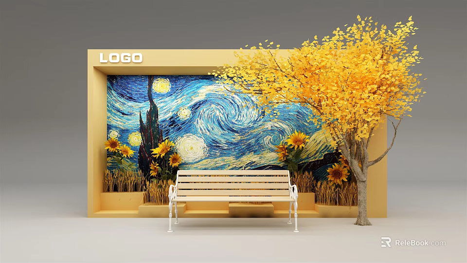 Van Gogh Style Starry Night Mural With Sunflowers Bench And Yellow Tree Near LOGO Frame 3d model 