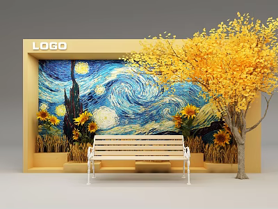 Van Gogh Style Starry Night Mural With Sunflowers Bench And Yellow Tree Near LOGO Frame 3d model