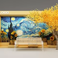 Van Gogh Style Starry Night Mural With Sunflowers Bench And Yellow Tree Near LOGO Frame