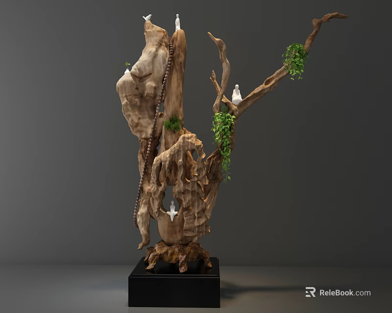Handcrafted Wooden Sculpture with Natural Branches Green Vines White Birds and Black Base 3d model 