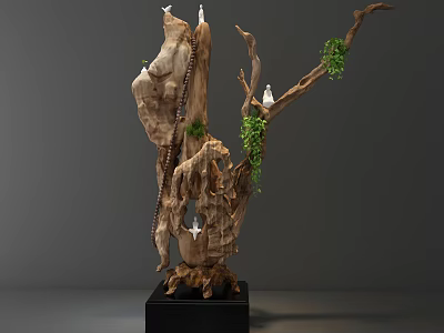 Handcrafted Wooden Sculpture with Natural Branches Green Vines White Birds and Black Base 3d model