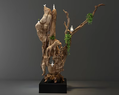 Handcrafted Wooden Sculpture with Natural Branches Green Vines White Birds and Black Base 3d model