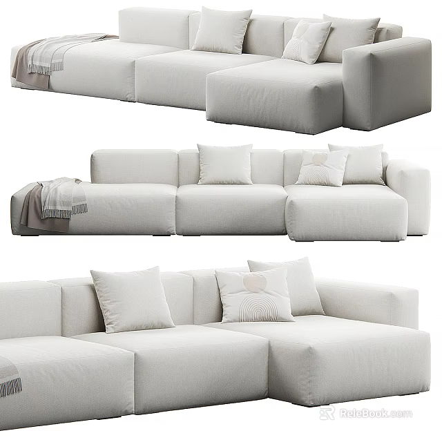 Modern White Multi Seater Sofa With Plush Cushions And Throw Blanket 3d model 