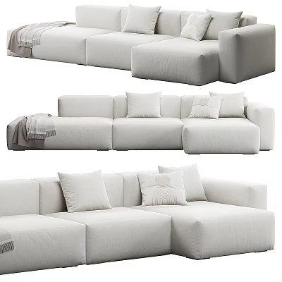 Modern White Multi Seater Sofa With Plush Cushions And Throw Blanket 3d model