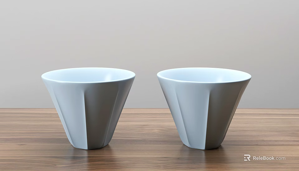 Two Modern White Conical Cups With Geometric Design On Wooden Tabletop 3d model 