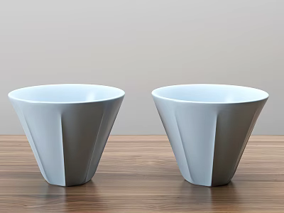 Two Modern White Conical Cups With Geometric Design On Wooden Tabletop 3d model