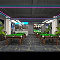 Modern Billiard Room Interior With Wooden Tables Neon Lights Green Plants And Patterned Carpet