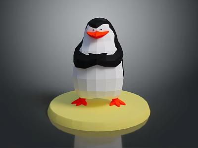Low Poly Penguin With Black White Body Orange Beak Feet Standing On Yellow Circular Base 3d model