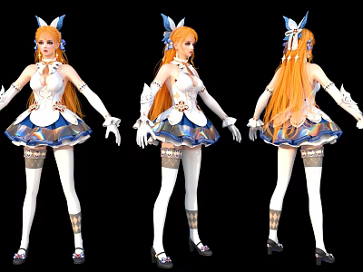 Anime Game Character With Long Orange Hair White Dress Blue Bow Headpiece White Long Gloves 3d model