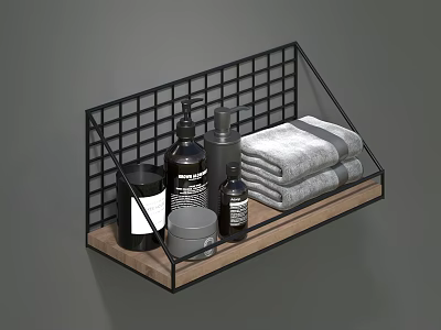 Bathroom Accessories Wall Mounted Grid Shelf Wooden Base With Towels And Toiletries 3d model