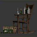 Vintage Wooden Rocking Chair and Small Table Set With Beer Bottles Crate and Cans