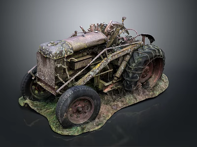 Vintage Rusted Tractor Model With Weathered Metal Parts And Grass Base 3d model