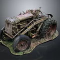 Vintage Rusted Tractor Model With Weathered Metal Parts And Grass Base