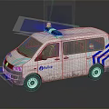 White Police Van With Blue Stripes And Flashing Lights On Top