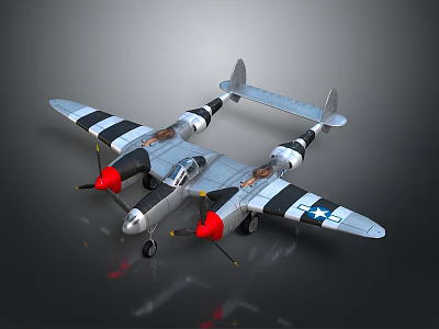 Vintage Military Aircraft Weapon with Twin Propellers Black and White Stripes and Star Insignia 3d model