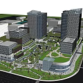 Modern High Rise Office Buildings With Central Plaza And Greenery In Urban Area